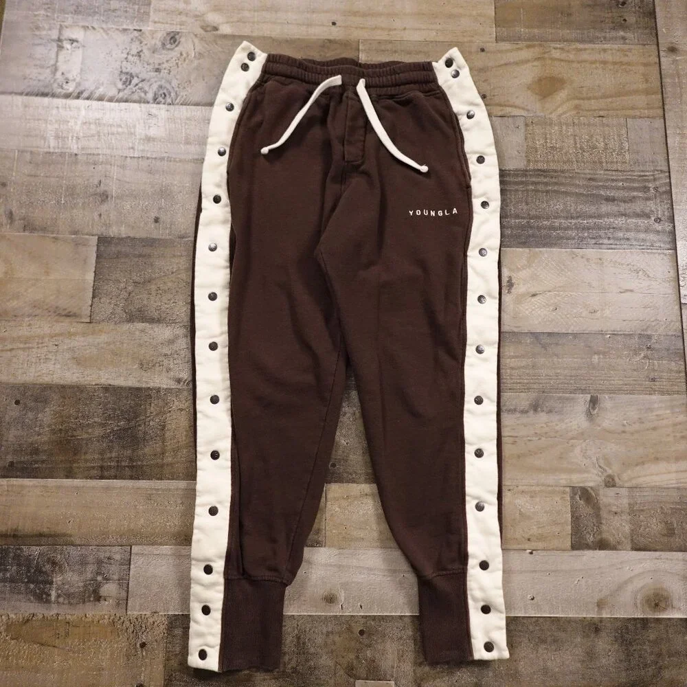 YoungLA 90s‎ Tear Away Joggers Men’s XL Brown Cream Snap Track Pants 28” Inseam